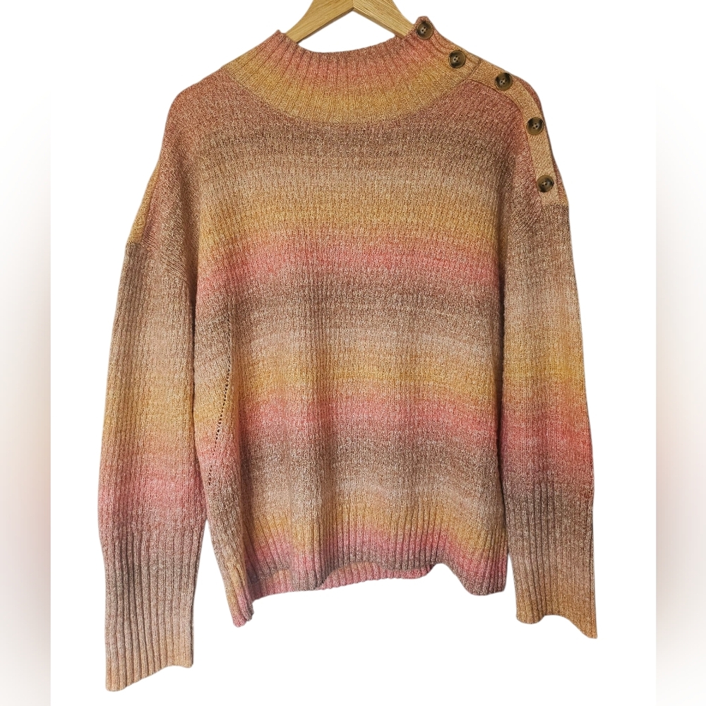 Talbots Women's Mock Neck‎ Ombré Stripe Sweater, Pink Orange Yellow Tan, Size XL